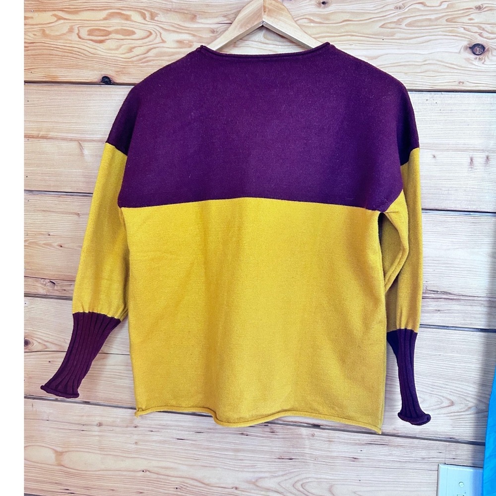 Handmade‎ Chartreuse & Burgundy Heavy Knit Rugby Colorblock Sweater Thick Ribbed - Picture 4 of 7